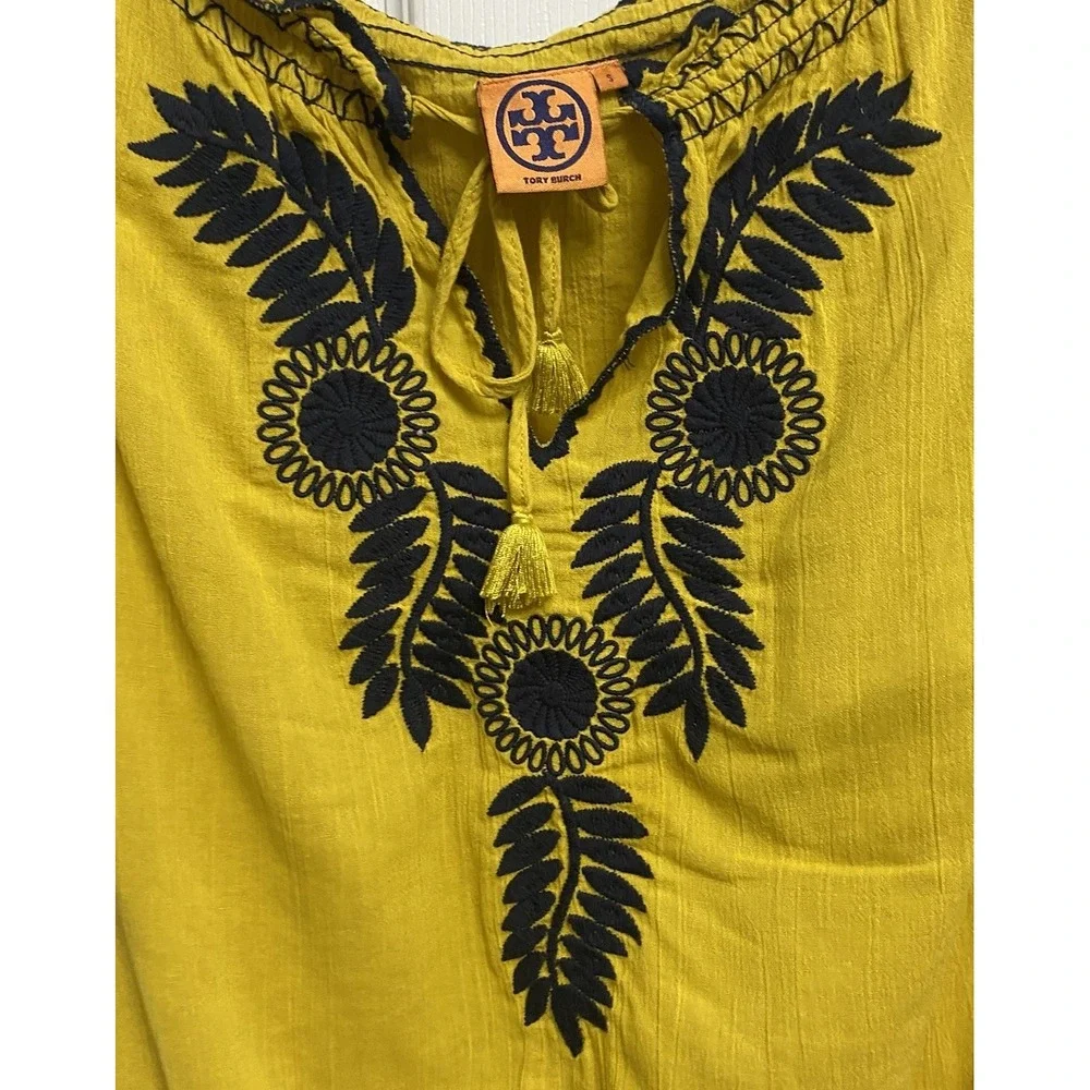 TORY BURCH Yellow&Blue Shirt Embroidered Tunic Top Oversized On/Off Shoulder-S